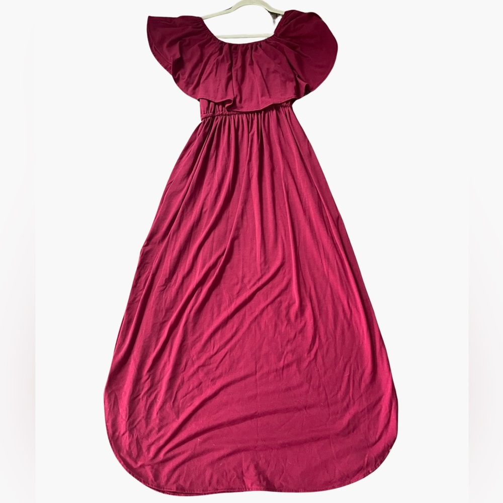 THANTH, Burgundy Stretchy, Off the Shoulder Maxi Dress with Side Slits XL